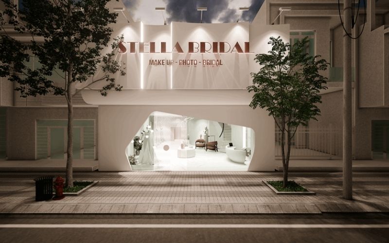 Mặt tiền showroom áo cưới với cửa chính hình khối độc đáo