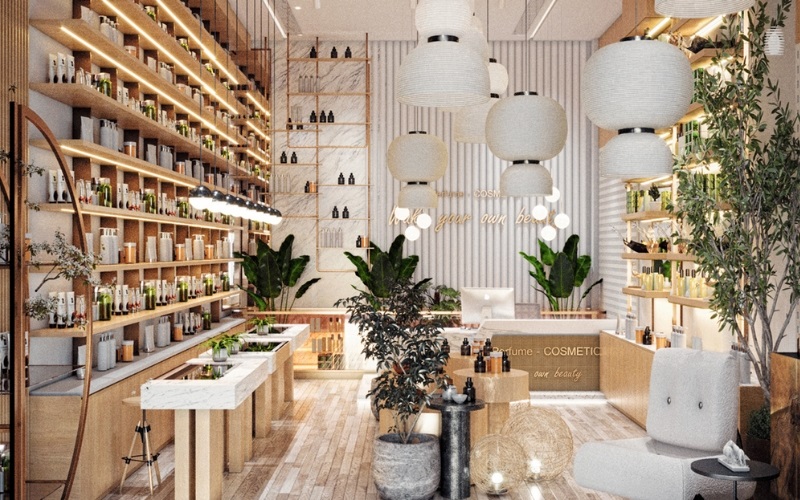 Thiết kế shop mỹ phẩm phong cách xanh