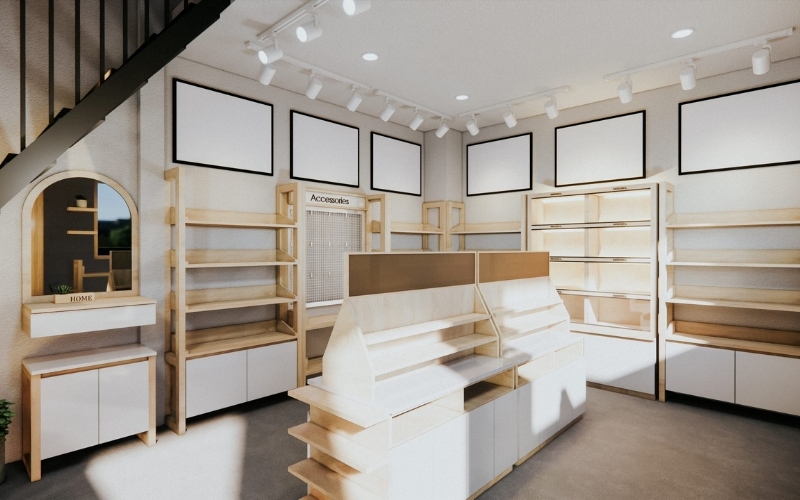 Kệ trưng bày đơn giản giúp tôn lên các sản phẩm trong shop