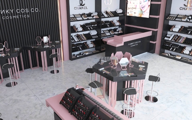 Mẫu thiết kế shop mỹ phẩm với tông hồng - đen làm chủ đạo