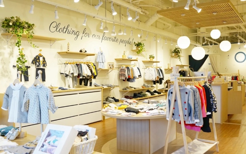 Sự tương đồng giữa màu sắc trần và sàn của shop quần áo trẻ em
