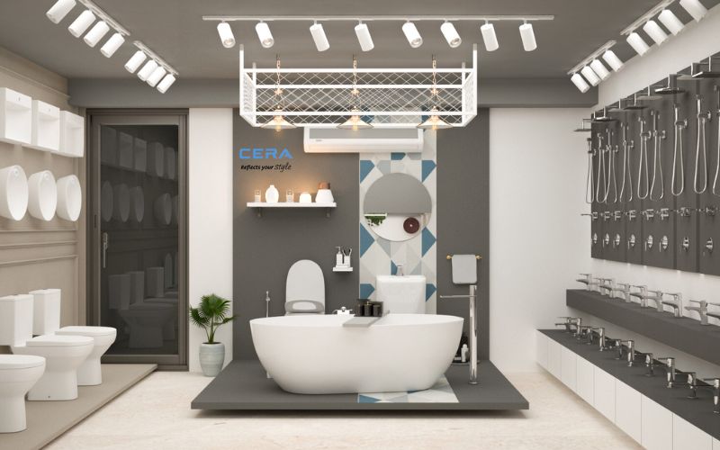 Showroom thiết bị vệ sinh theo phong cách công nghiệp, nhấn điểm đèn led