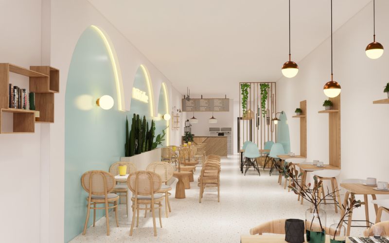 Quán trà sữa 40m2 hiện đại với gam màu trắng - xanh tinh tế