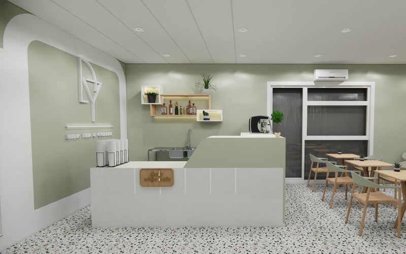 Quán trà sữa 40m2 hiện đại với màu xanh lá pastel nhẹ nhàng