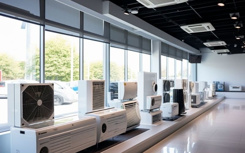 Showroom điện máy phong cách công nghiệp với cửa kính trong suốt hiện đại