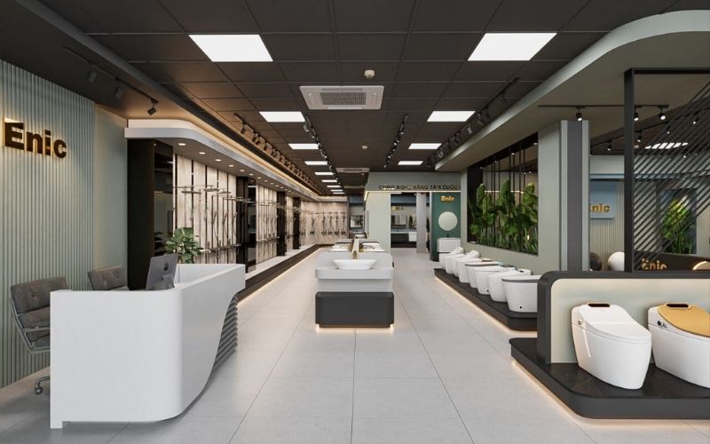 Showroom vật liệu xây dựng hiện đại, bố trí vách ngăn làm điểm nhấn