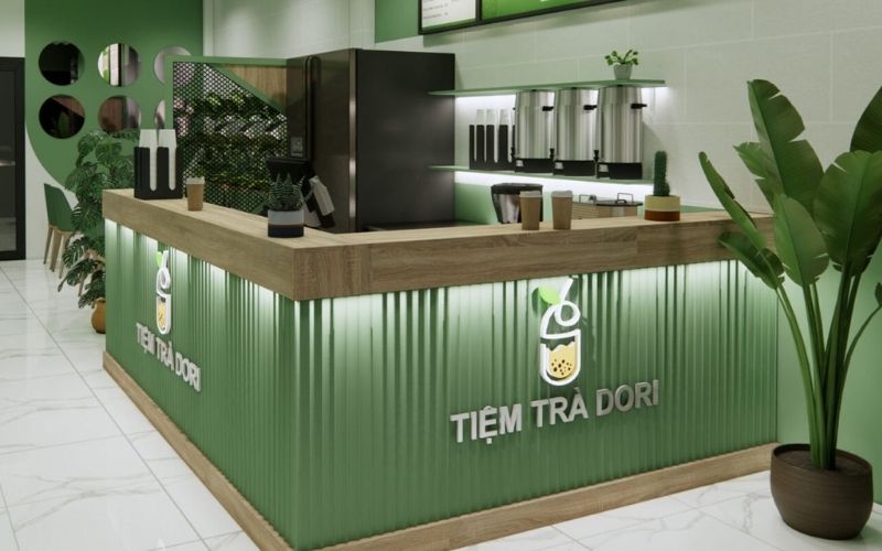 Quán trà sữa Take Away gam màu xanh lá gợi cảm giác mát mẻ