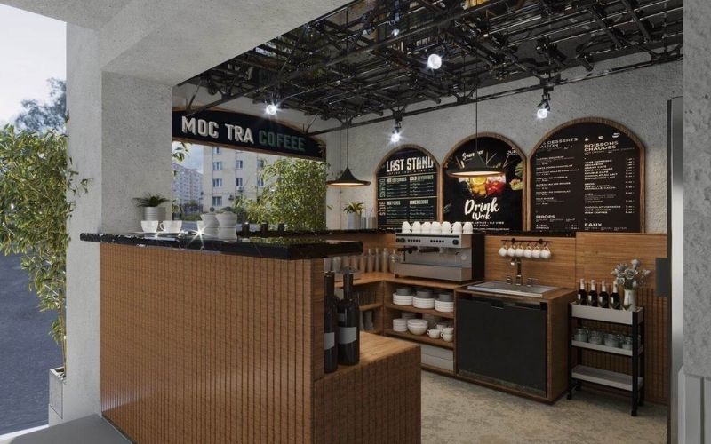 Quán trà sữa Take Away phong cách công nghiệp lạ mắt