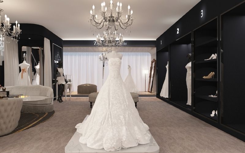 Showroom áo cưới với gam màu trắng - đen cổ điển trang nhã