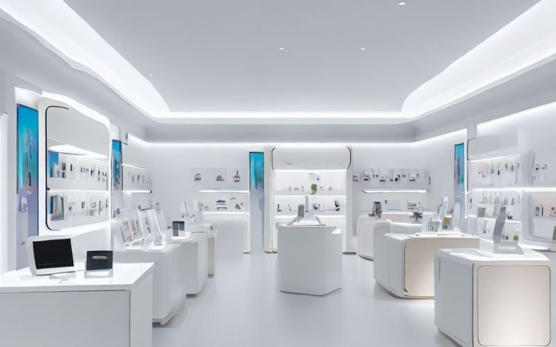 Showroom điện thoại gam màu trắng, bố trí tủ trưng bày đính tường hiện đại