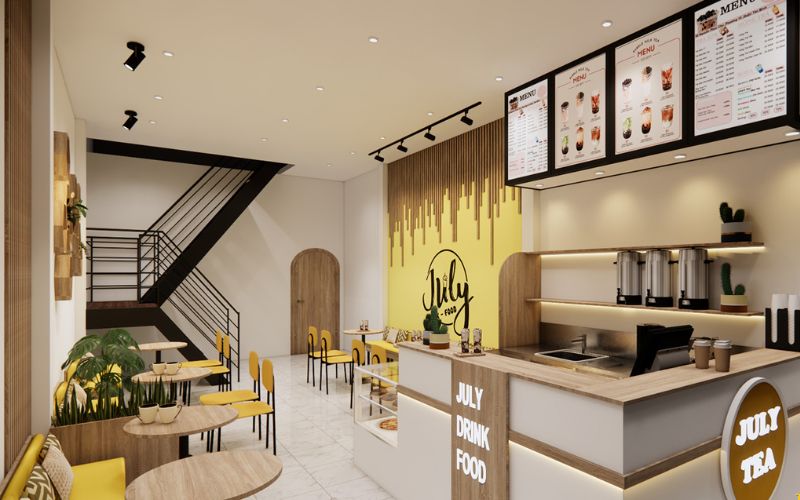 Quán trà sữa take away phong cách tối giản với nội thất gỗ hiện đại