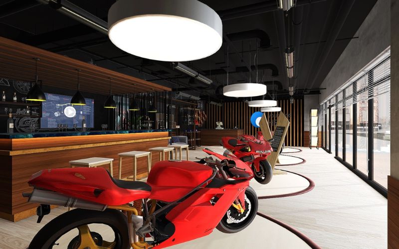 Showroom xe máy phong cách công nghiệp, nhấn điểm đèn thả trần