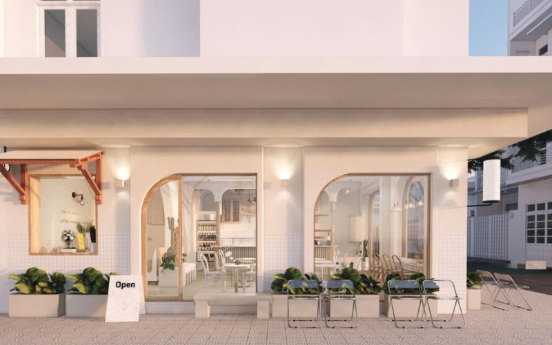 Quán cafe góc phố kiểu hiện đại với gam màu trắng sang trọng