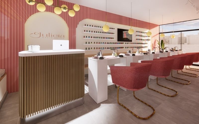 Tiệm nail hiện đại gam màu hồng ngọt ngào cho người mệnh Hỏa