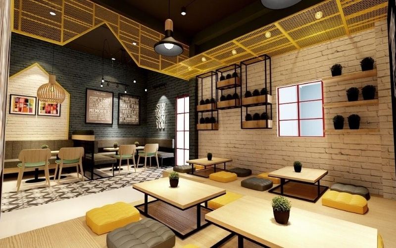 Mẫu thiết kế quán cafe bệt đẹp phong cách công nghiệp
