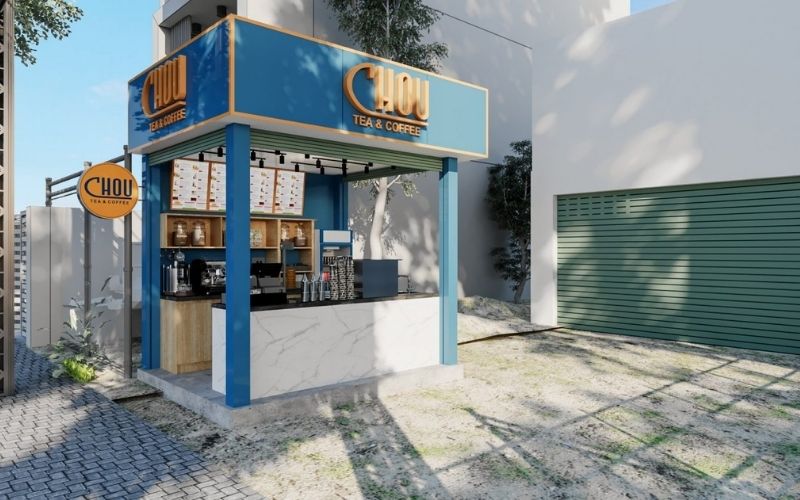 Quán cafe take away với gam màu xanh nổi bật