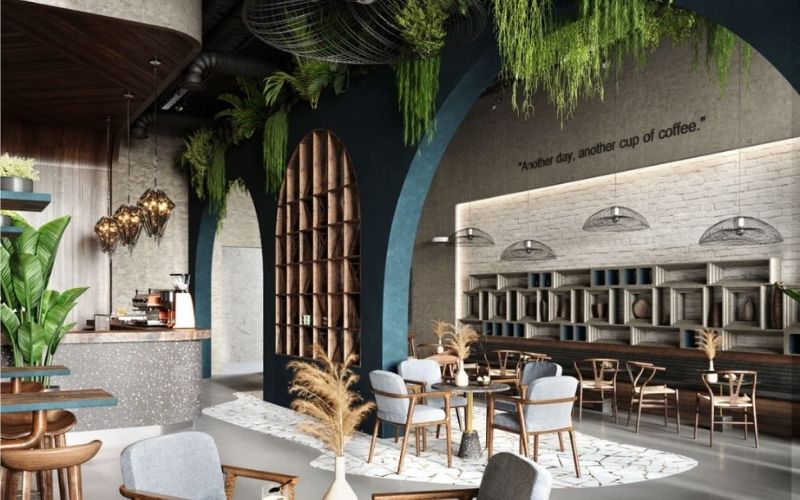 Quán cafe phong cách Địa Trung Hải có không gian rộng rãi, sang trọng