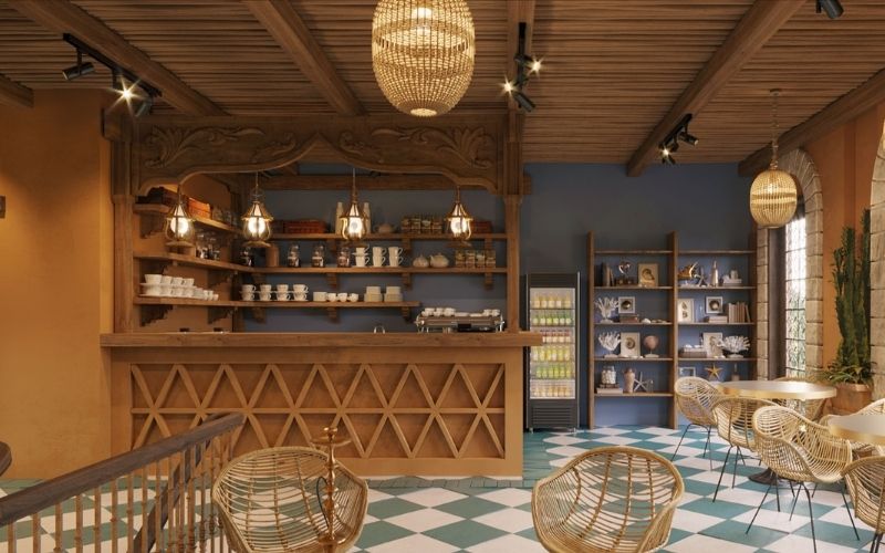Quán cafe phong cách Địa Trung Hải có cửa sổ mái vòm rộng lớn