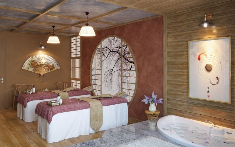 Spa chăm sóc da kết hợp ngâm bồn, bố trí nội thất văn hóa Nhật
