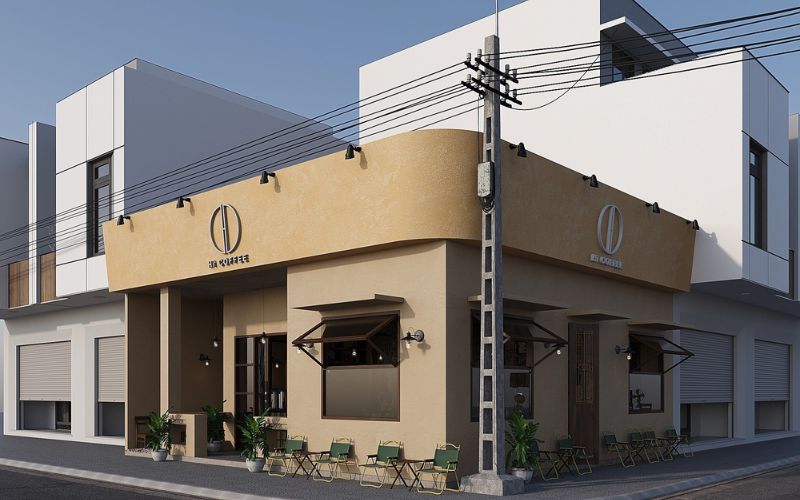 Quán cafe góc phố gam màu nâu nhạt với thiết kế tối giản, tinh tế