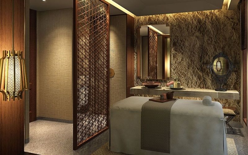 Spa massage kiểu Trung Hoa gam màu tối, bố trí nội thất đơn giản