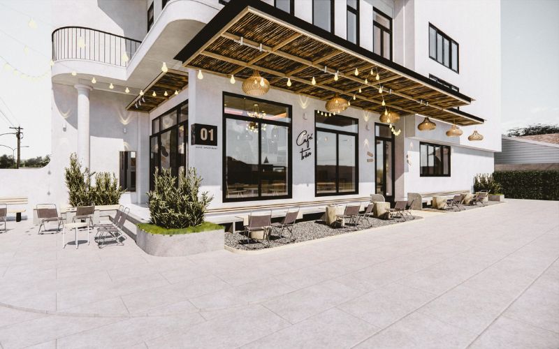 Quán cafe góc phố kiểu Đông Dương màu trắng chủ đạo tạo sự thanh lịch