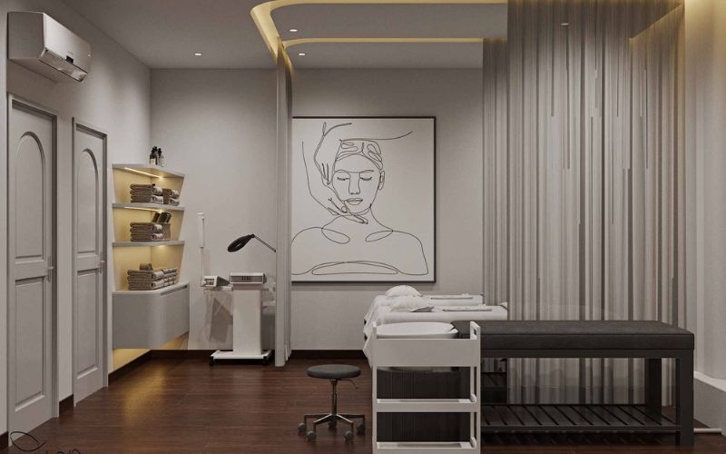 Spa chăm da Bắc Âu gam màu xám nhạt, nội thất tối giản