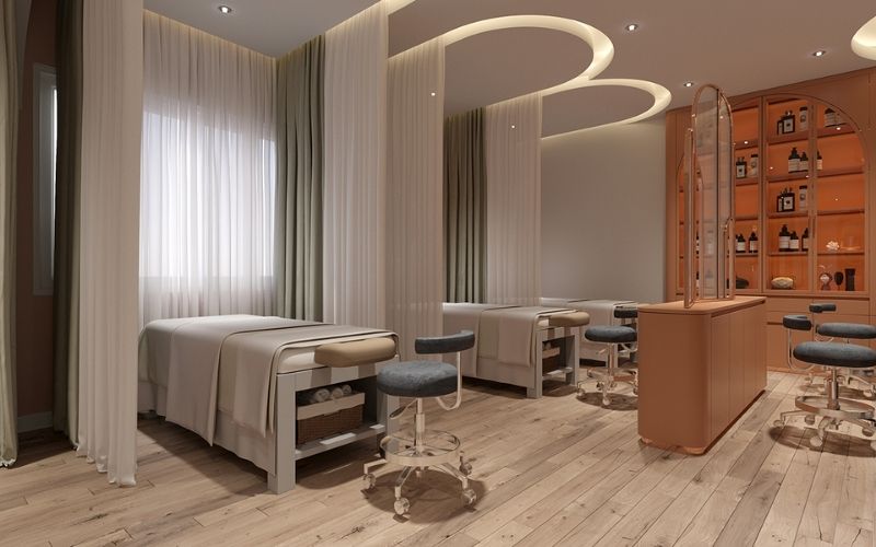 Spa massage kiểu Bắc Âu kết hợp các gam màu sáng, nội thất tiện nghi