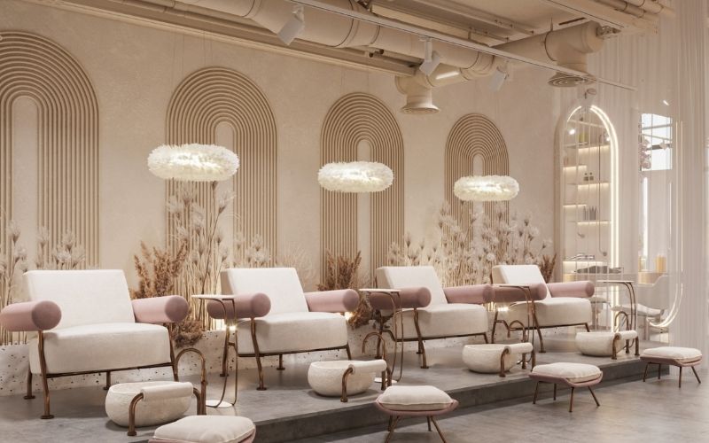 Tiệm nail phong cách Luxury, trang trí hoa văn tường đẹp mắt