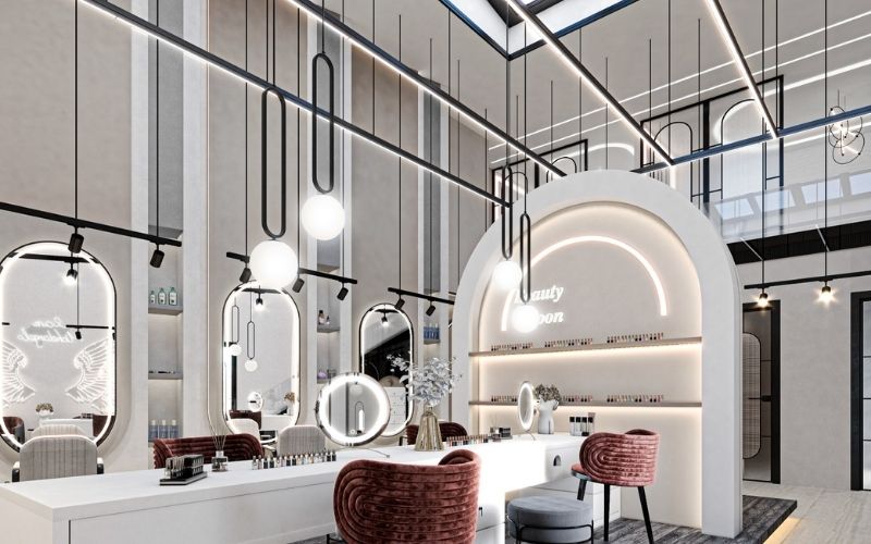 Tiệm nail phong cách Luxury gam màu sáng, hệ thống ánh sáng nổi bật