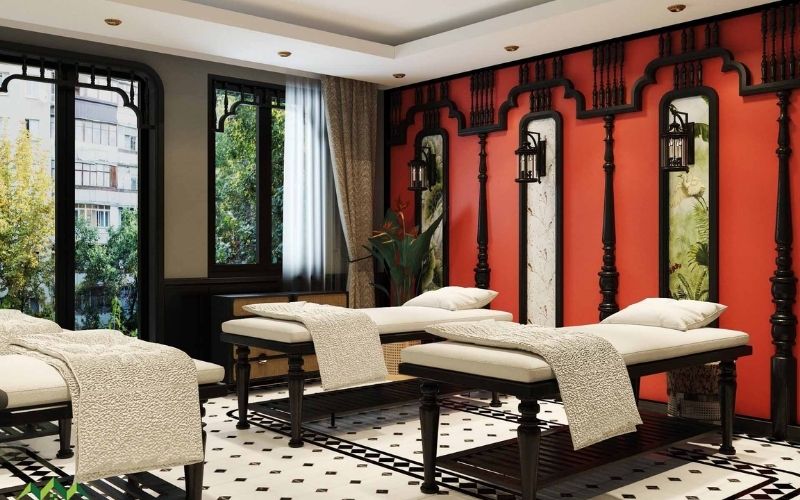 Spa massage phong cách Indochine với gam màu đỏ nổi bật