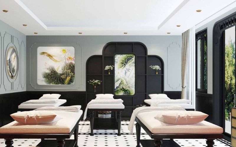 Spa làm đẹp kiểu Indochine màu xanh nhạt tạo cảm giác trang nhã