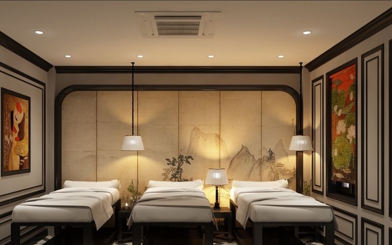 Spa massage kiểu Indochine với gam màu trắng nhẹ nhàng