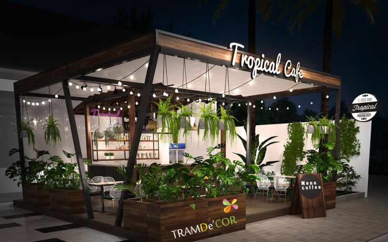 Quán cafe góc phố Tropical kết hợp đèn lung linh, tạo sự gần gũi