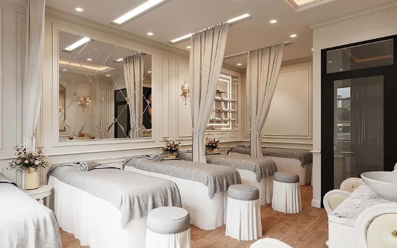Spa chăm da Tân cổ điển với nội thất sang trọng, bố trí rèm ngăn