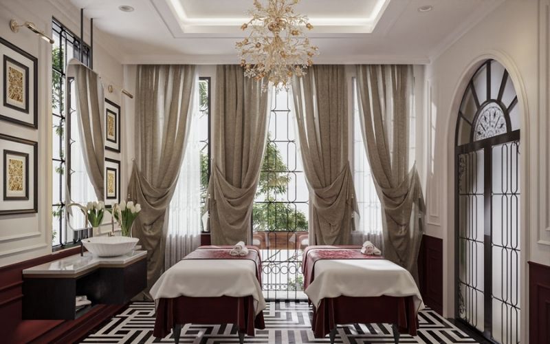 Spa massage kiểu Tân cổ điển với nội thất xa hoa, nhấn điểm đèn phale