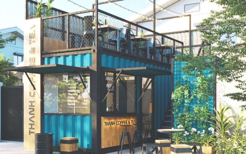 Quán cafe container phong cách hiện đại với điểm nhấn đèn treo bắt mắt