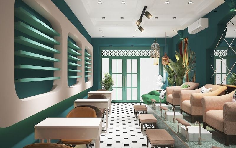 Tiệm nail phong cách Art Deco với gam màu xanh cuốn hút