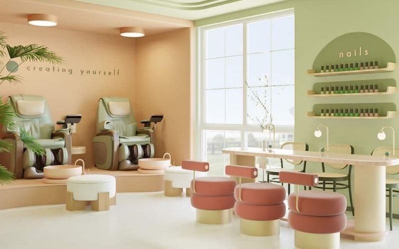 Tiệm nail phong cách Tropical với hai màu xanh - cam nhạt ấn tượng