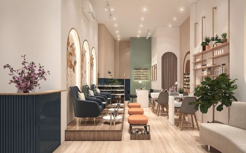 Tiệm nail phong cách Tropical nội thất tiện nghi, bố trí cây xanh thoáng mát