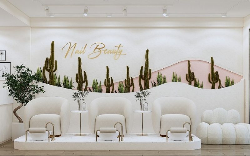 Tiệm nail phong cách Tropical kết hợp hai màu trắng - xanh lá độc đáo
