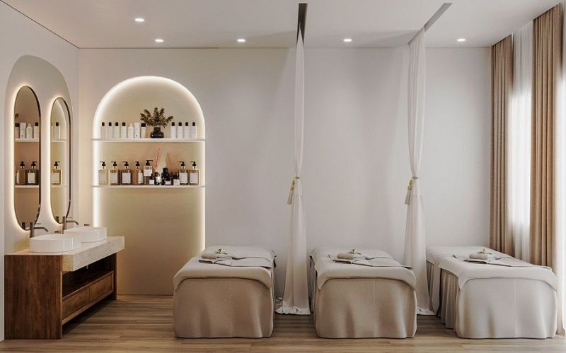 Spa chăm da phong cách tối giản với gam màu trắng hiện đại