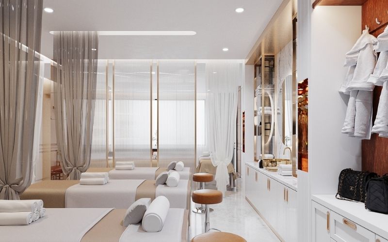 Spa massage phong cách tối giản màu trắng, bố trí nội thất sang trọng