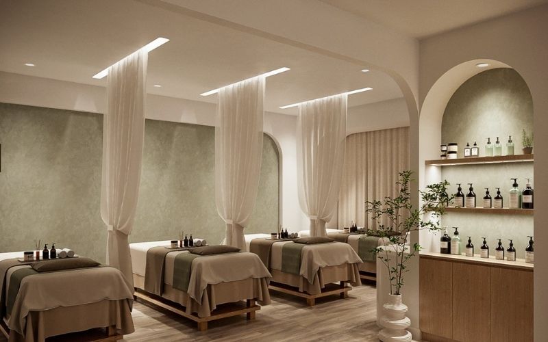 Spa chăm da phong cách tối giản với gam màu kem tinh tế, nhẹ nhàng