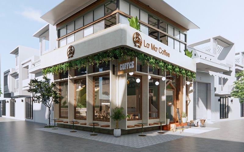 Quán cafe góc phố hiện đại kết hợp cây xanh thoáng mát