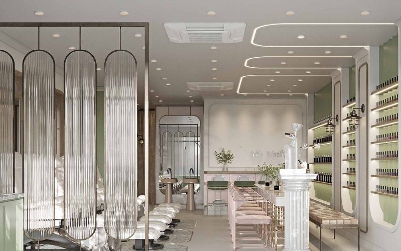 Tiệm nail gam màu xanh rêu phong cách Luxury cho người mệnh Mộc