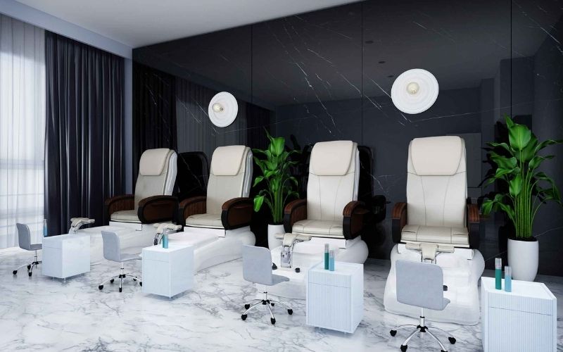 Tiệm nail gam màu đen chủ đạo kết hợp cây xanh cho người mệnh Mộc