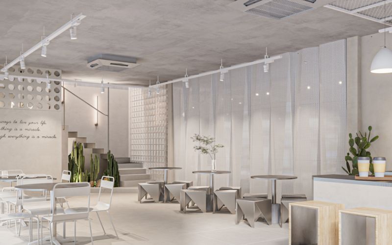 Quán cafe 2 tầng hiện đại tông trắng, xu hướng thu hút giới trẻ