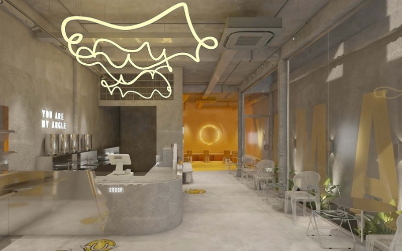 Quán cafe 2 tầng tối giản với tường sơn bê tông, nhấn điểm đèn thả