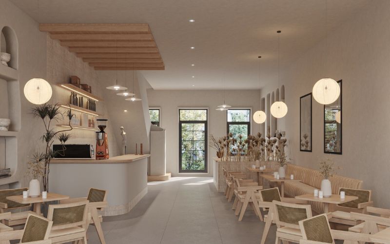 Quán cafe 100m2 tối giản gam màu trắng, nội thất gỗ mộc mạc